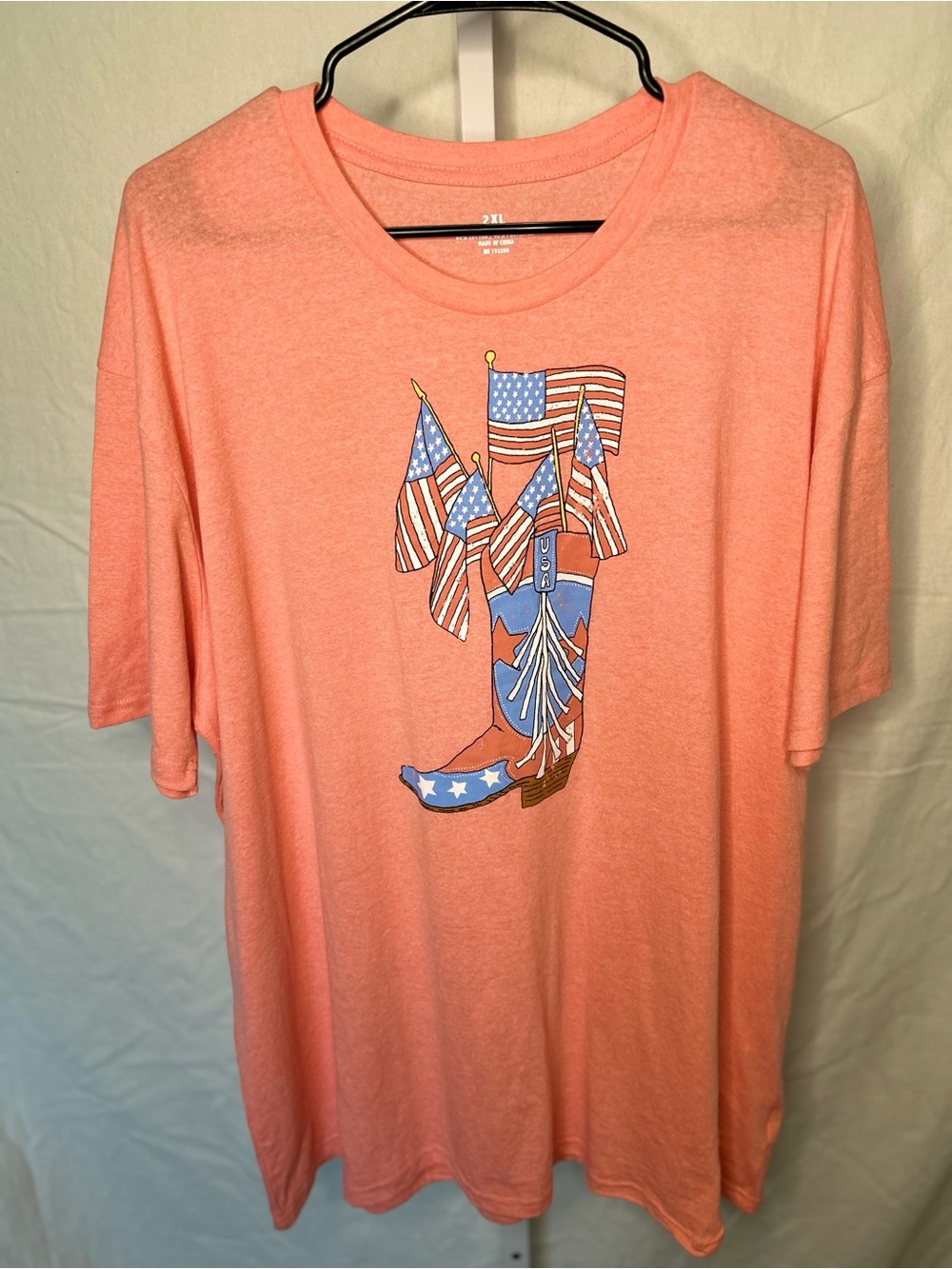 Patriotic Cowboy Boots American Flag Graphic Tee Peach 2XL 4th of July/ Concert
